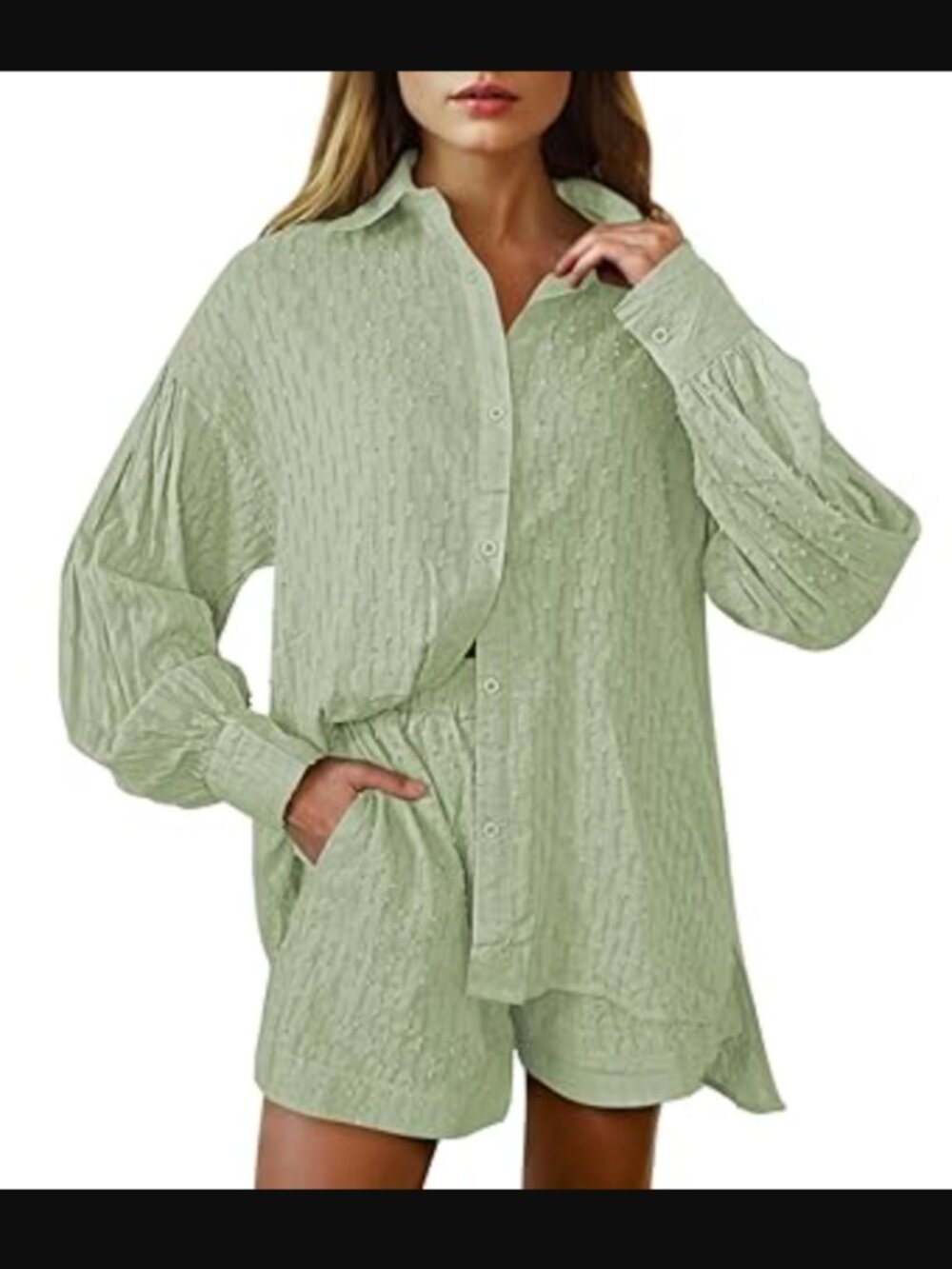 COMMENSE Green 2-Piece Cutout Button-Down & Shorts Set | Size M